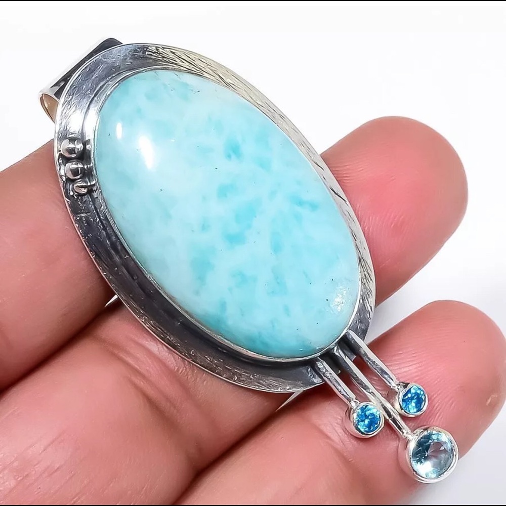 Rare Larimar, topaz 925 sterling silver pendant